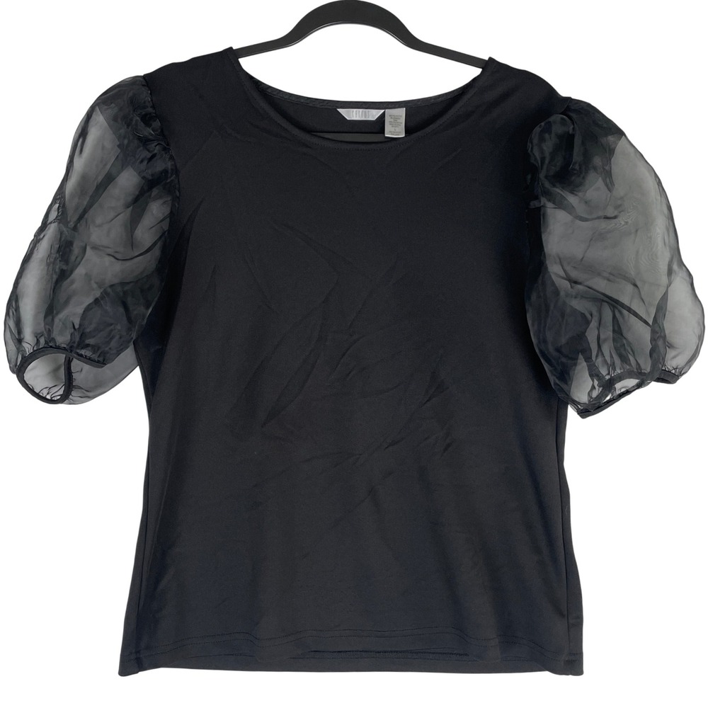 Kaktus Black Puff Sleeve Top Blouse Women's Size L Lightweight Elegant